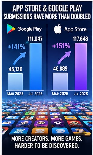 App Store and Google Play submissions have more than doubled as releasing an app gets easier and discovery gets uglier