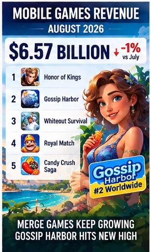 Gossip Harbor climbs to number two worldwide as mobile players spend $6.57 billion in August