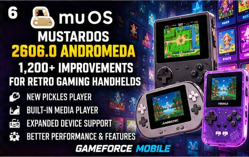 MustardOS 2606.0 Andromeda custom firmware displayed on multiple retro gaming handheld consoles